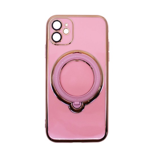 Capa de Silicone Dura com Protetor de Câmera e Anel de Suporte para Apple iPhone 11 Rosa